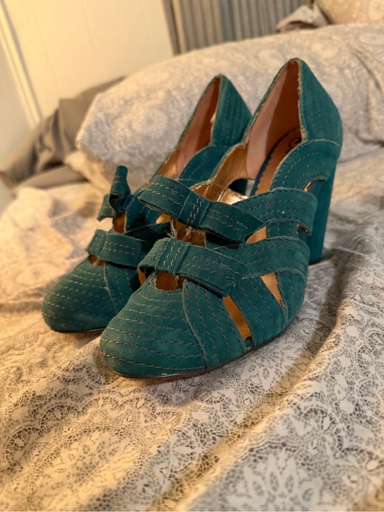 Seychelles Shoes - Teal Suede Cutout Block Heel Pumps Seychelles